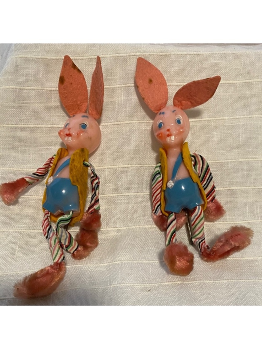 Vintage Pair of Pink Bunny Ornaments with Blue Torsos